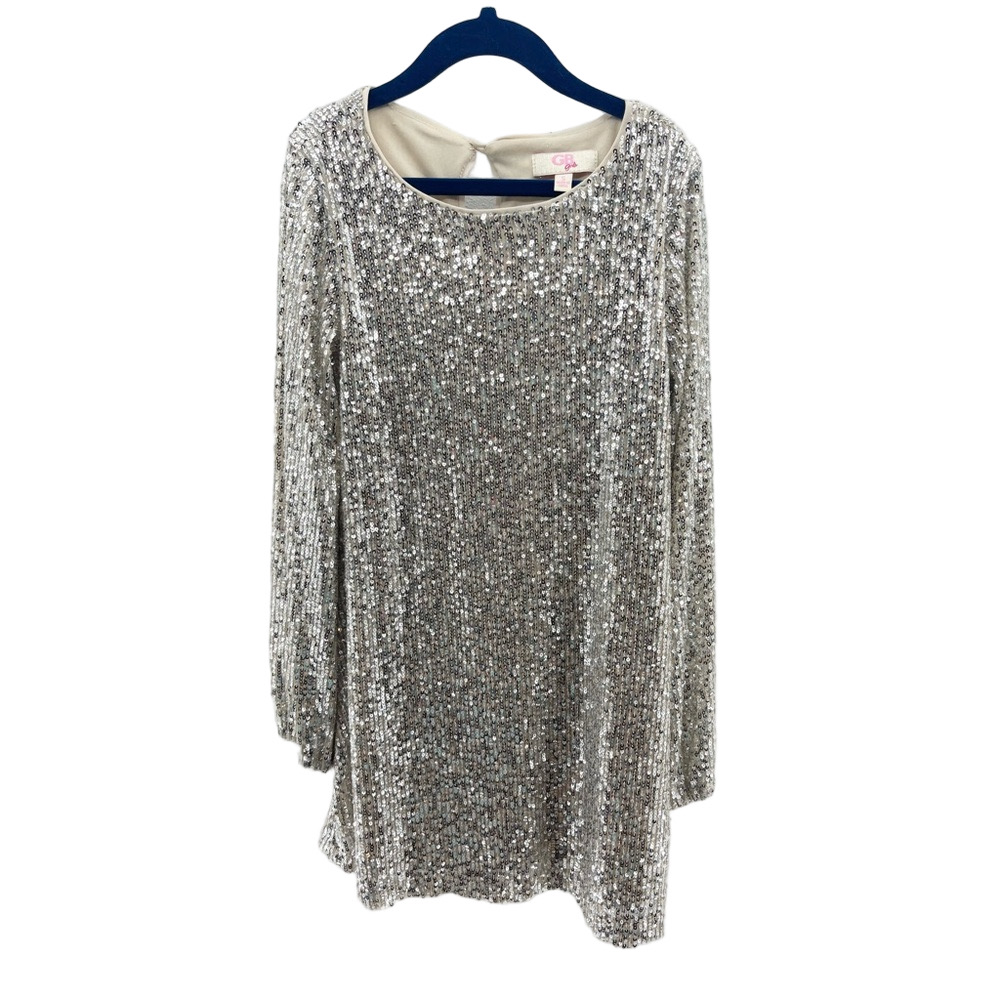 GB Girls Sparkle Sequin Long Sleeve Champagne Party Dress- Small - Picture 1 of 7